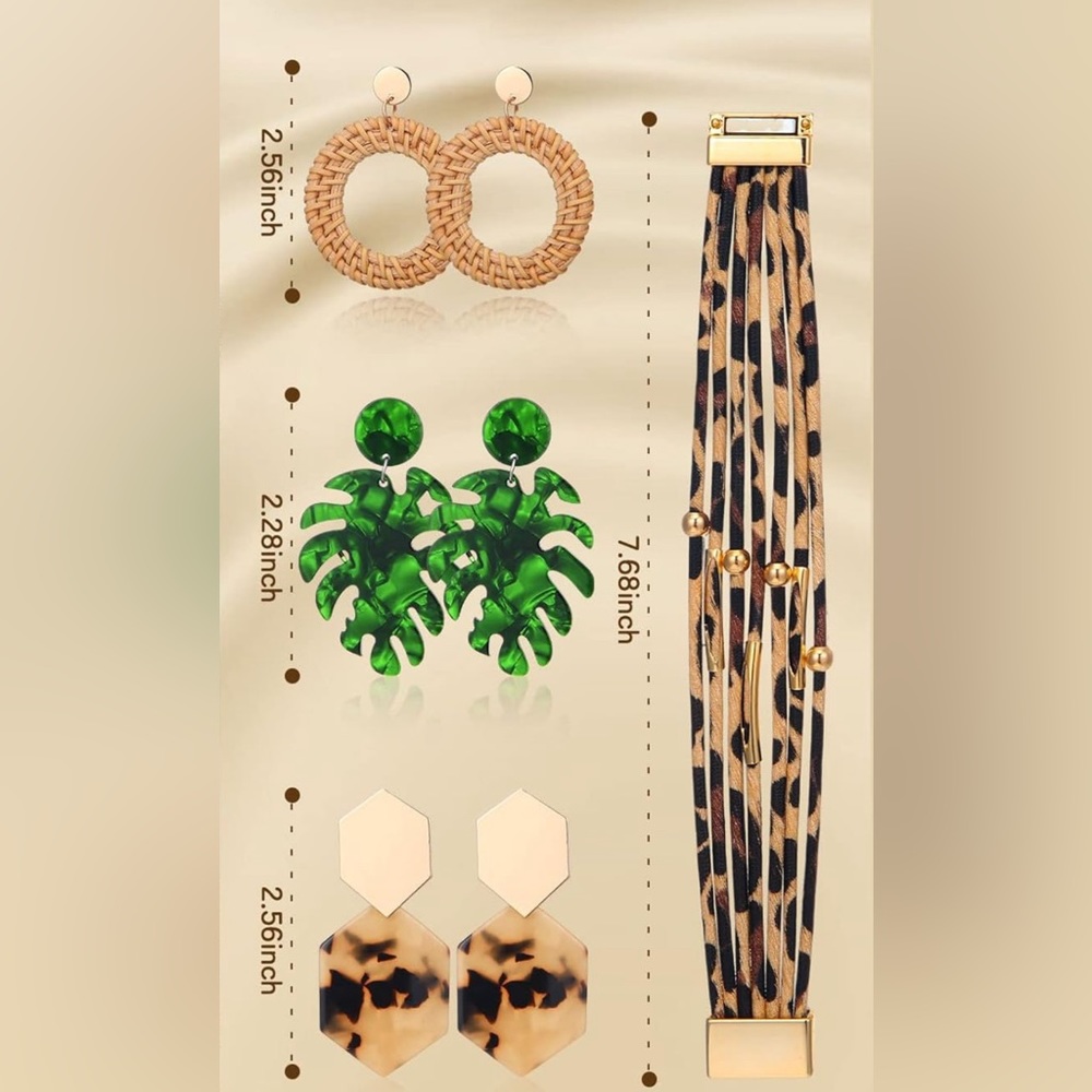 3 Pairs Bohemian statement earrings and 1 Multilayer leopard wrap bracelets